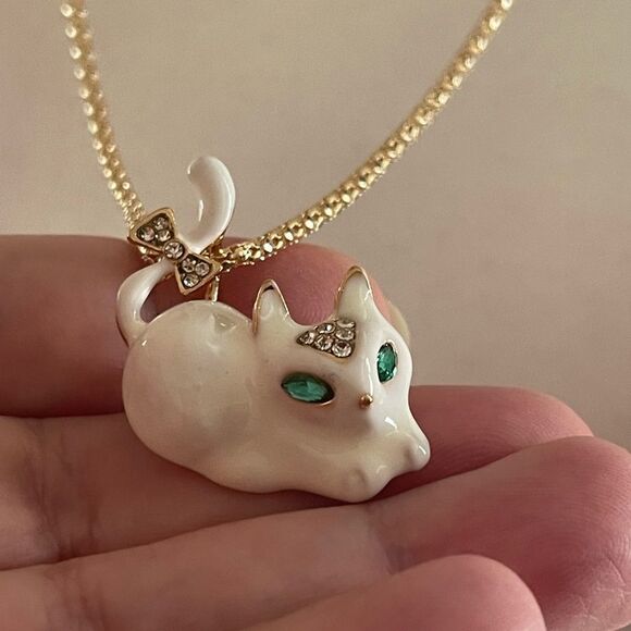 Enamel Crystal Cat Kitten Charm Pendant Chain Necklace/Brooch Pin NWOT - Picture 1 of 6